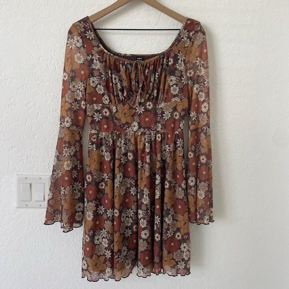 SheIn Dresses & Skirts - Womens Boho Milkmaid Dress Size M Brown Bell Sleeve Cottagecore Hippie Floral